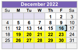 District School Academic Calendar for Williamson County Juvenile Detenti for December 2022