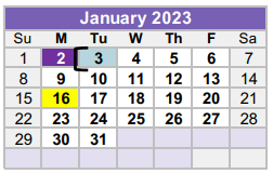 District School Academic Calendar for Williamson County Juvenile Detenti for January 2023