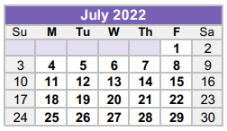 District School Academic Calendar for Williamson County Juvenile Detenti for July 2022