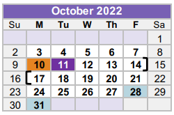 District School Academic Calendar for Williamson County Juvenile Detenti for October 2022