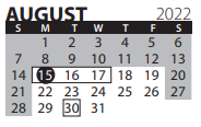 District School Academic Calendar for Pershing Elementary School for August 2022