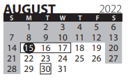 District School Academic Calendar for Rousseau Elementary School for August 2022