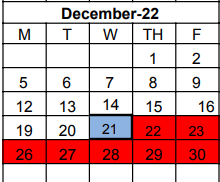 District School Academic Calendar for Early Childhood Center for December 2022