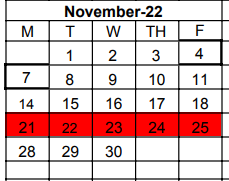 District School Academic Calendar for Early Childhood Center for November 2022