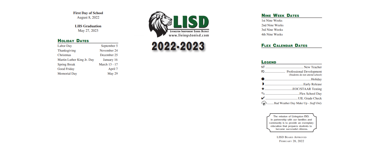 District School Academic Calendar Key for Livingston Int