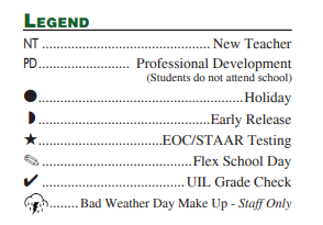 District School Academic Calendar Legend for Timber Creek Elementary