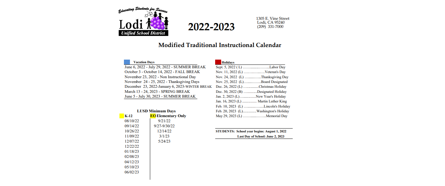 District School Academic Calendar Key for Benjamin Holt College Preparatory Academy