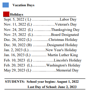 District School Academic Calendar Legend for Lodi Middle