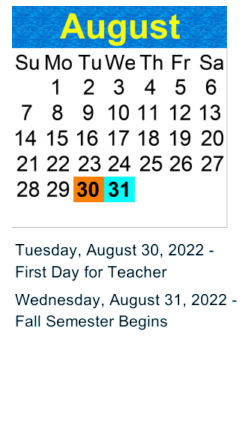 District School Academic Calendar for Robinson (jackie) Elementary for August 2022