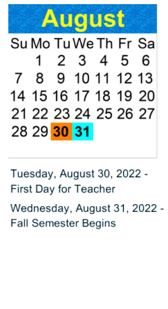 District School Academic Calendar for Stanford Middle for August 2022