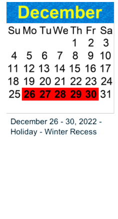 District School Academic Calendar for International Elementary for December 2022