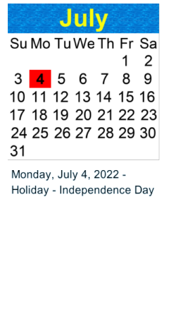 District School Academic Calendar for Washington Middle for July 2022