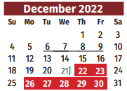 District School Academic Calendar for Cameron Co J J A E P for December 2022