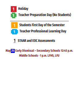 District School Academic Calendar Legend for Las Yescas Elementary