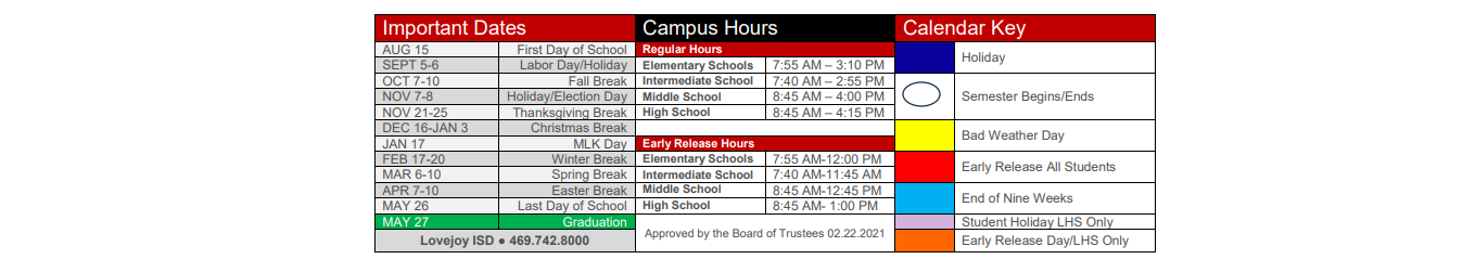 District School Academic Calendar Key for Lovejoy M S