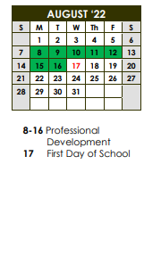 District School Academic Calendar for Martin Early Childhood Ctr for August 2022