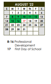 District School Academic Calendar for Smith Elementary for August 2022