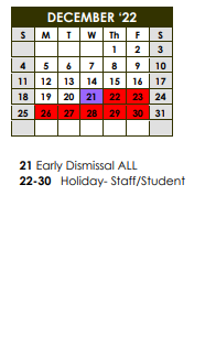 District School Academic Calendar for Dunbar Middle School for December 2022