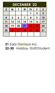 District School Academic Calendar for Whiteside Elementary for December 2022