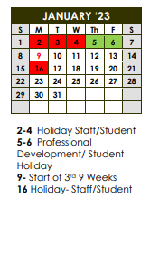District School Academic Calendar for Stubbs Early Childhood Ctr for January 2023