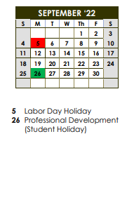 District School Academic Calendar for Dunbar Middle School for September 2022