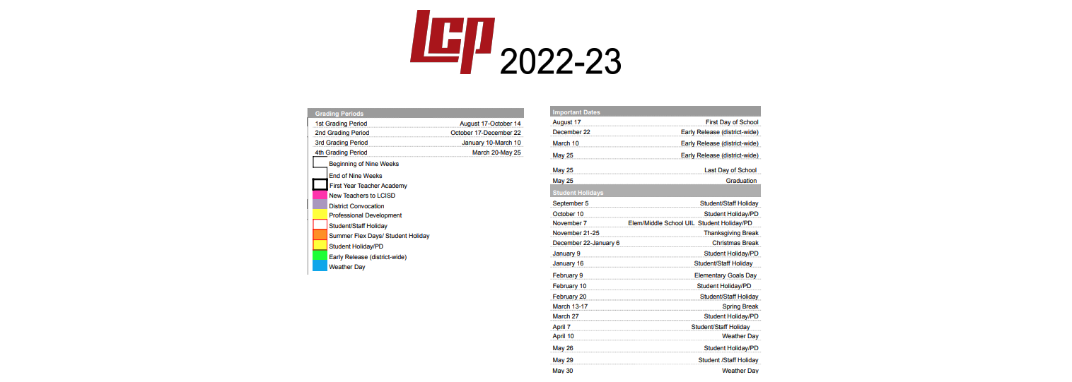 District School Academic Calendar Key for Lubbock-cooper High School