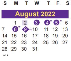 District School Academic Calendar for Juvenile Detent Ctr for August 2022