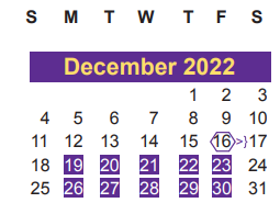 District School Academic Calendar for Juvenile Detent Ctr for December 2022