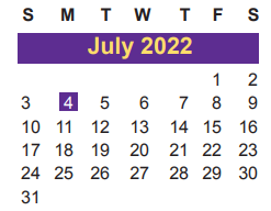 District School Academic Calendar for Slack Elementary for July 2022