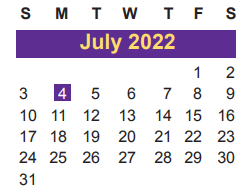 District School Academic Calendar for Juvenile Detent Ctr for July 2022