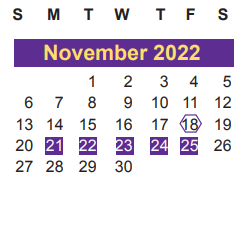 District School Academic Calendar for Kurth Primary for November 2022