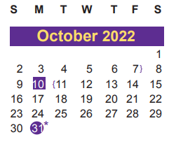 District School Academic Calendar for Juvenile Detent Ctr for October 2022