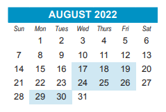 District School Academic Calendar for Sennett Middle for August 2022
