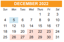 District School Academic Calendar for Diploma Completion High for December 2022