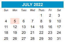 District School Academic Calendar for Diploma Completion High for July 2022