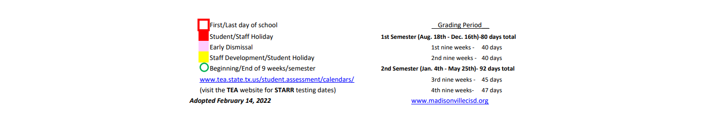 District School Academic Calendar Key for Madisonville High School