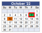 District School Academic Calendar for Tom R Ellisor Elementary for October 2022