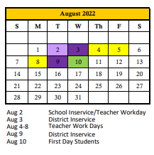 District School Academic Calendar for Jessie P. Miller Elementary School for August 2022