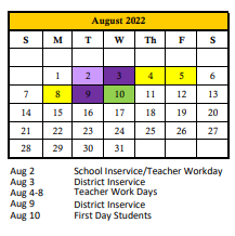 District School Academic Calendar for Manatee CO. Juvenile Justice for August 2022