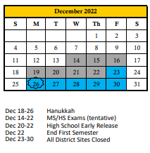 District School Academic Calendar for Sara Scott Harllee Middle School for December 2022