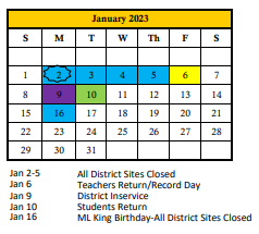District School Academic Calendar for William H. Bashaw Elementary for January 2023