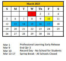 District School Academic Calendar for Oneco Elementary School for March 2023