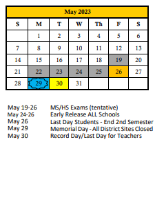 District School Academic Calendar for H. S. Moody Elementary School for May 2023