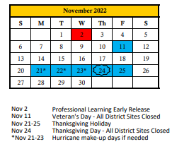 District School Academic Calendar for Oneco Elementary School for November 2022