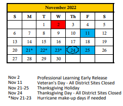 District School Academic Calendar for Manatee CO. Juvenile Justice for November 2022