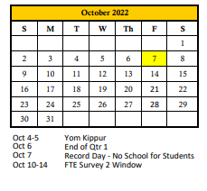 District School Academic Calendar for Tara Elementary School for October 2022
