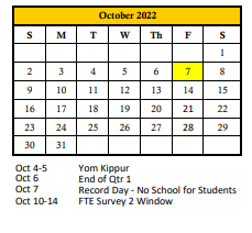 District School Academic Calendar for Palm View Elementary School for October 2022