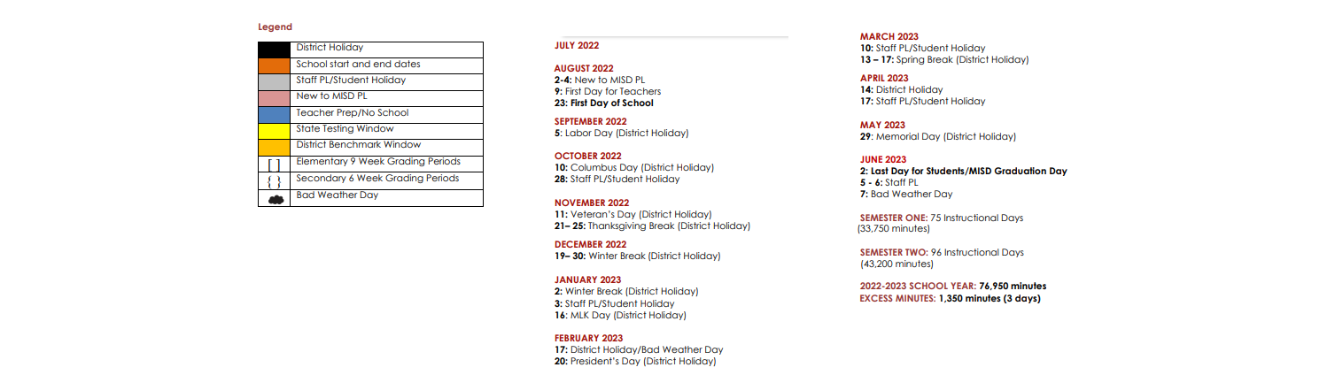 District School Academic Calendar Key for Excel High School