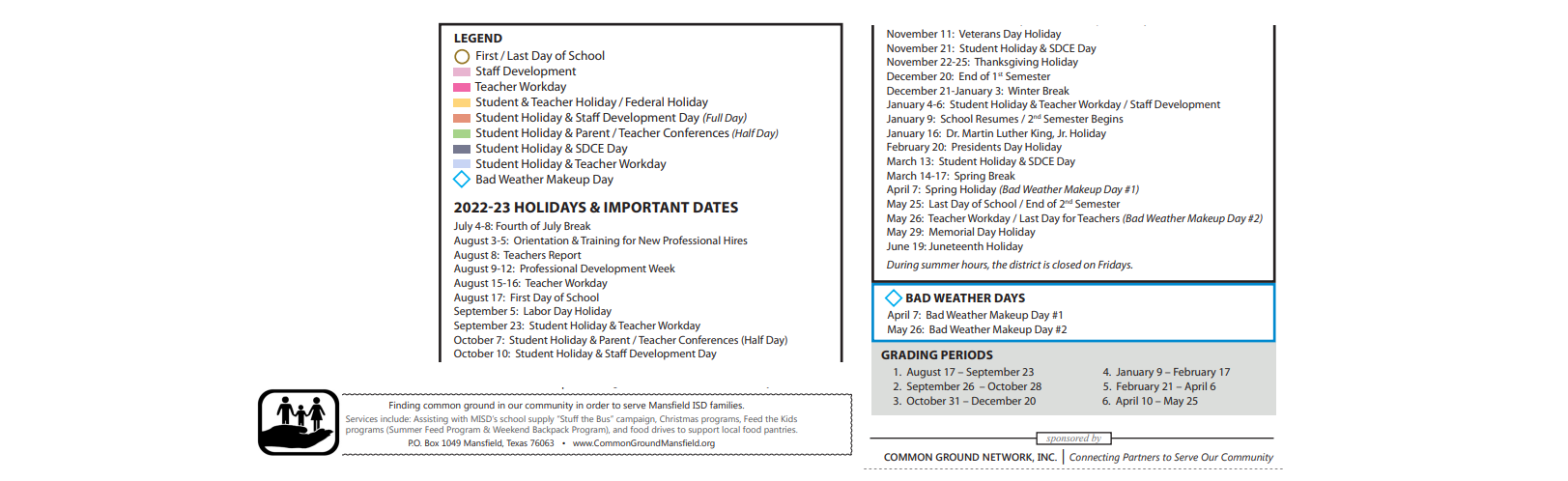 District School Academic Calendar Key for Cross Timbers Intermediate