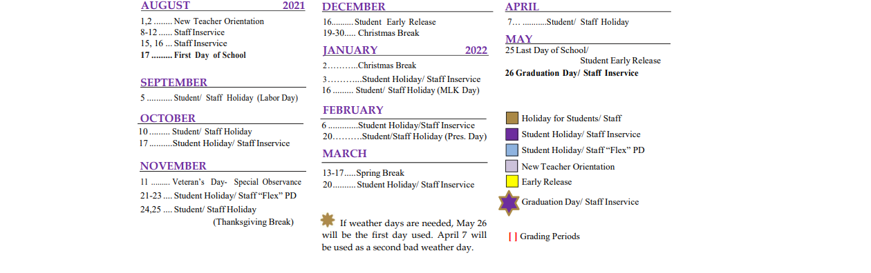 District School Academic Calendar Key for Colt Elementary